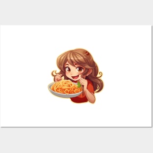 Cute Girl Eating Spaghetti Posters and Art